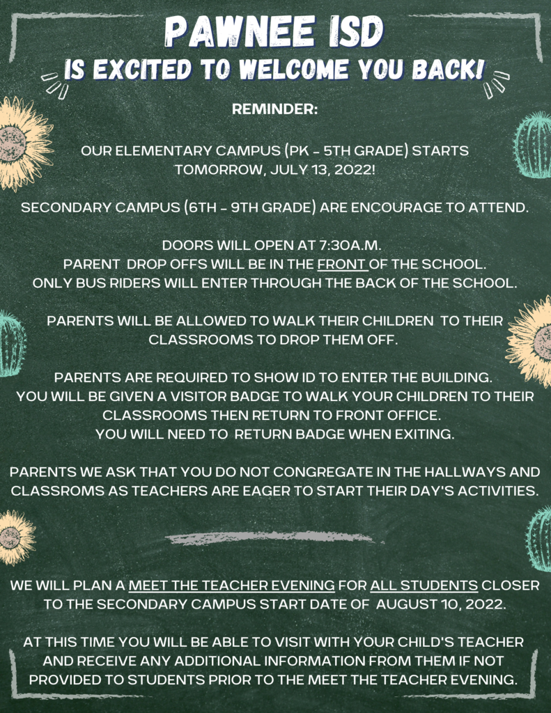 Welcome Back  info for Pawnee ISD